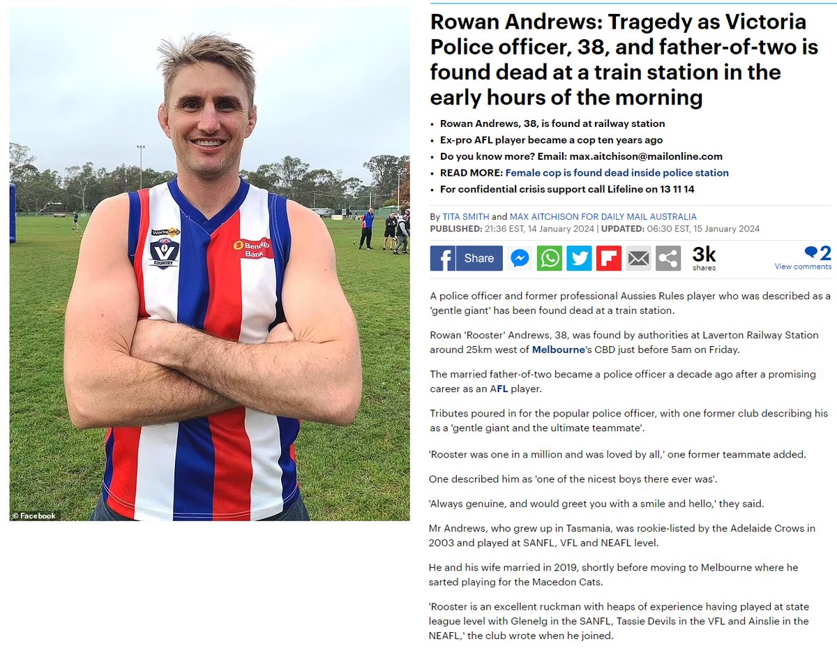 Australian Ex-pro AFL player and Police Officer 

38 year old Rowan Andrews was found dead at a train station just before 5am on Jan.12, 2024.

'Death not being treated as suspicious'

COVID-19 mRNA Vaccine sudden deaths are at an all time high

#DiedSuddenly
