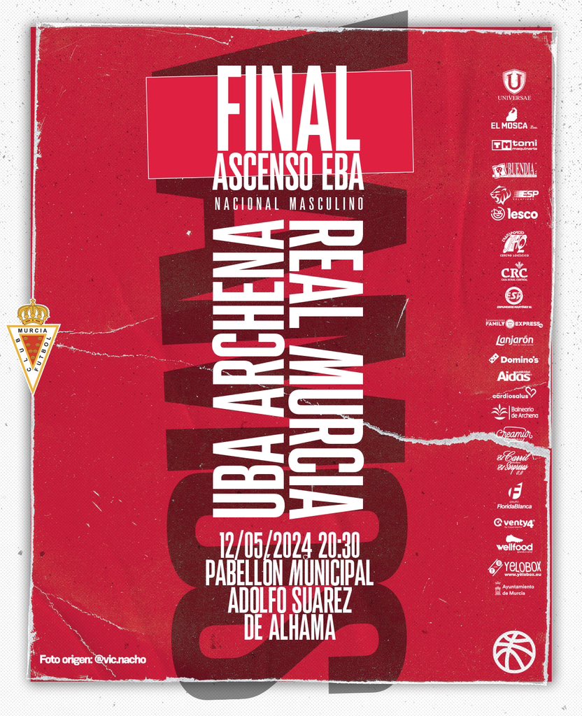 ¡¡EL NACIONAL MASCULINO A LA FINAL A POR EL ASCENSO A EBA!! 
Mañana domingo el equipo se juega el ascenso a EBA contra Archena- el partido es a las 20.30 en el Adolfo Suarez de Alhama. 
¡Necesitamos todo el apoyo de la cantera, apoya con la camiseta grana! ¡Contamos contigo!