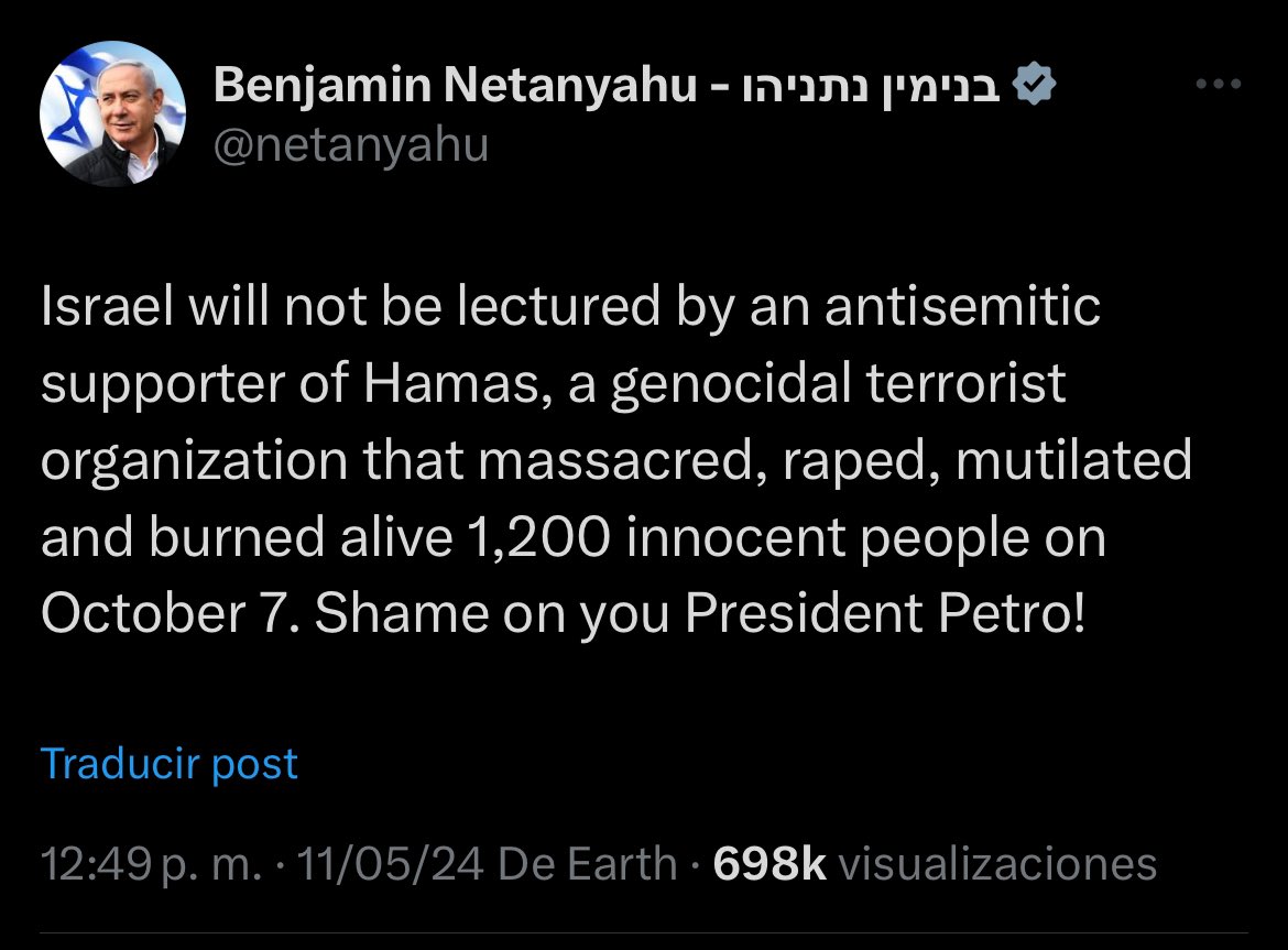 🚨El señor primer ministro @netanyahu de Israel le envía un mensaje al #Presimiente de Colombia 🇨🇴: 

🇮🇱Israel no se dejará sermonear por un partidario antisemita de Hamás, una organización terrorista genocida que masacró, violó, mutiló y quemó vivas a 1.200 personas inocentes el…