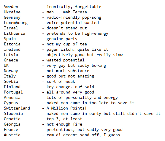 DerMonarch's tweet photo. So, I am still not around. But since this is a Twitter tradition for me, have my comments on the #Eurovision2024 songs while I contemplate on my Top 10. https://t.co/D9F4DCwFP5
