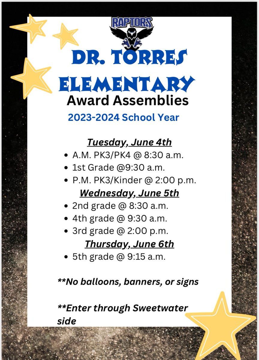 🏆 Dr. Torres awards assembly 🏆 We look forward to seeing you soon. Please do not sign students out after the awards ceremony as it will be recorded as a partial day unexcused absence. #itstartswithus