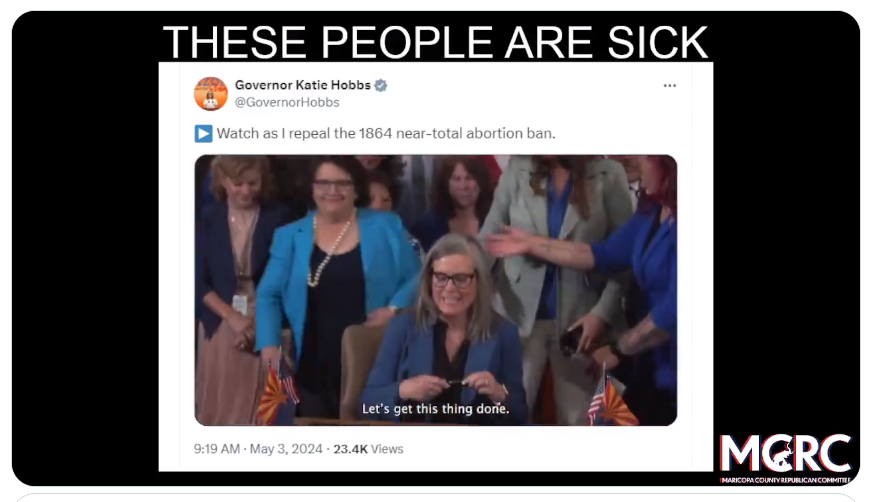 MaricopaGOP's tweet image. "LET'S GET THIS THING DONE!" —Katie Hobbs

#MCRC #GodGiven #Unalienable #Right #Life