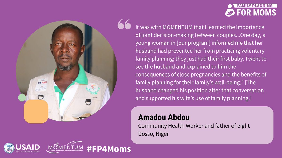Amadou Abdou, a trusted community member in Darey Maliki, #Niger who works with MOMENTUM Integrated Health Resilience, is working with community members to shift norms and behaviors so they can make healthy decisions like birth spacing. #FP4Moms usaidmomentum.org/community-heal…