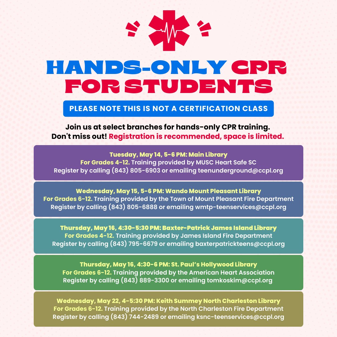 Students! Join us at select branches to learn hands-only CPR. Registration is recommended!
