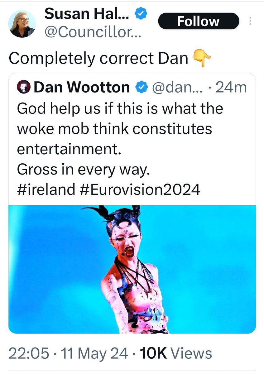 Here’s creepy as fuck man-trifle Dan Wootton who gets his jollies from paying people to covertly film sexual encounters being cheered on by Garth out of Wayne’s World in calling the Irish contestant gross as he thinks only woke people liked it Deviant shitehawk #Eurovision2024