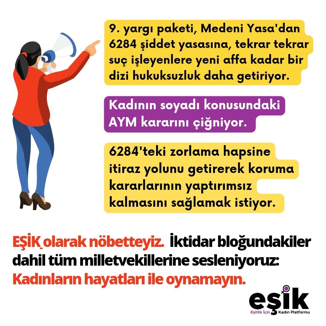 🔴 9. yargı paketi, #MedeniYasa 'dan #6284 şiddet yasasına, tekrar tekrar suç işleyenlere yeni affa kadar bir dizi hukuksuzluk daha getiriyor. Kadının soyadı konusundaki #AYM kararını çiğniyor. 6284'teki zorlama hapsine itiraz yolunu getirerek koruma kararlarının yaptırımsız