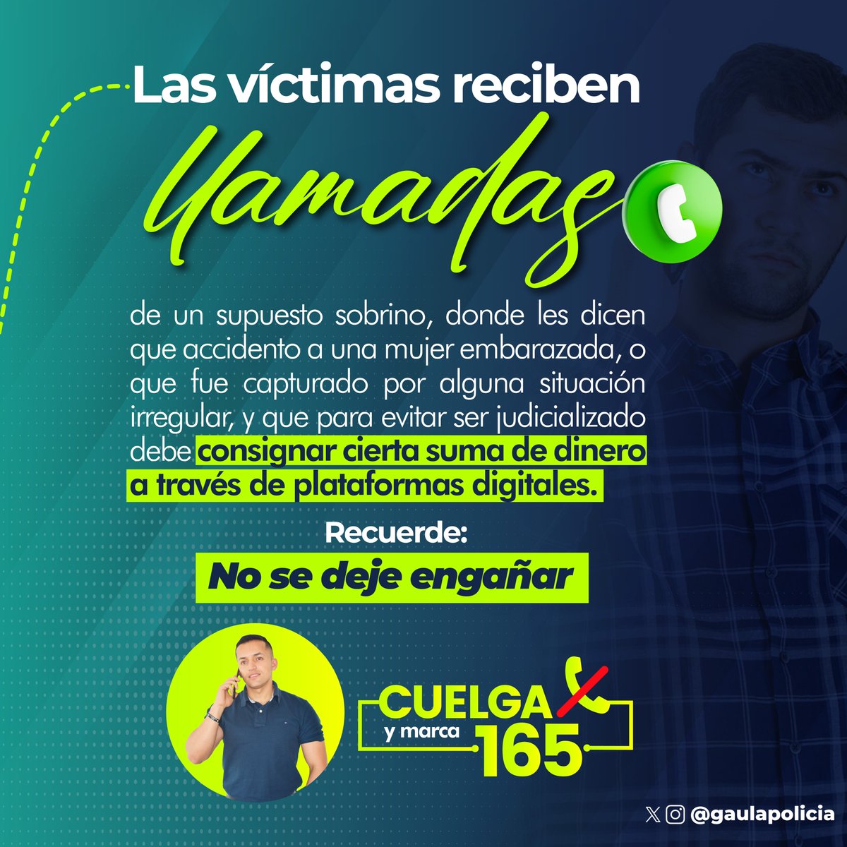 🚨En cualquier momento puede recibir una llamada donde se identifiquen como un familiar, tenga cuidado podría ser una extorsión.

De la mano de los expertos del @GaulaPolicia aprenda a reconocer y prevenir este actuar criminal.✅¡No se deje engañar!

#Línea165
#YoNoPagoYoDenuncio