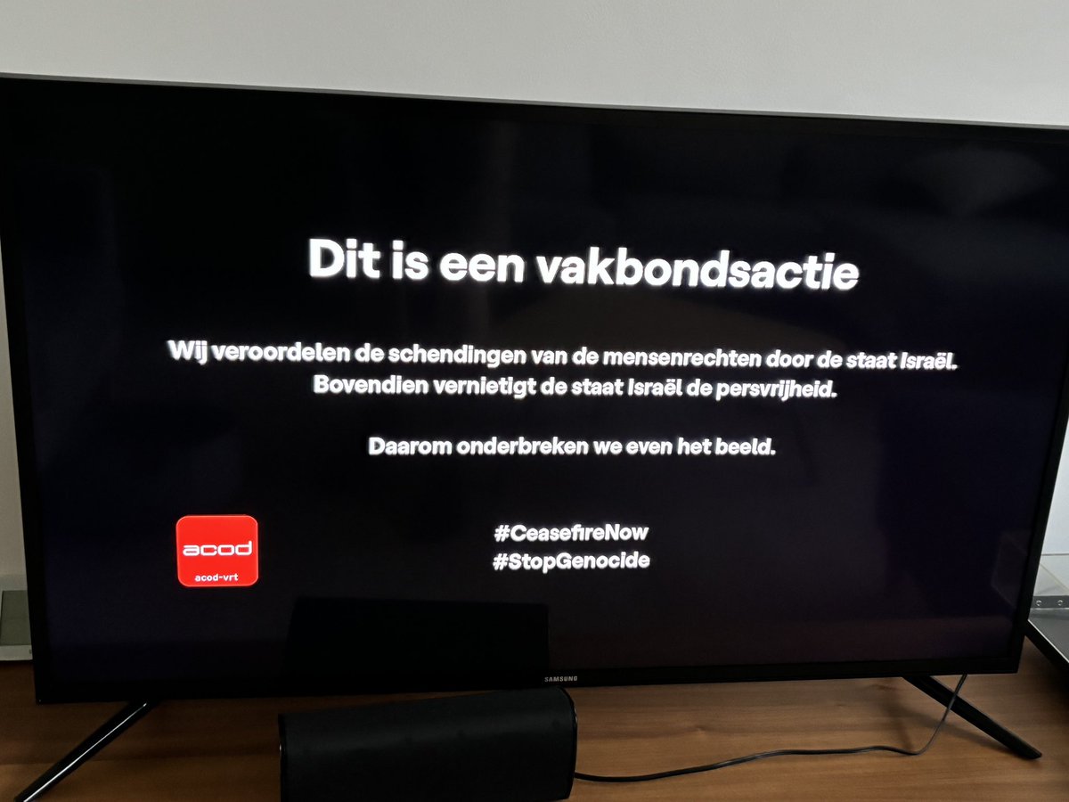 'We condemn the human rights violations by the state of Israel. Israel is destroying press freedom. This is why we are shortly interrupting this broadcast.' Second union action at Flemish public TV broadcaster @VRT, during the @Eurovision finale. Full 🇧🇪 support. #CeaseFireNOW