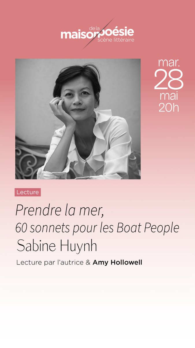 Amy Hollowell, poète et traductrice américaine, et moi avons le plaisir de vous convier à notre lecture-présentation de mon livre Prendre la mer - 60 sonnets pour les Boat People @EdBrunoDoucey Réservation par téléphone ou sur le site de @maisonpoesie1 de Paris. Merci, à bientôt.