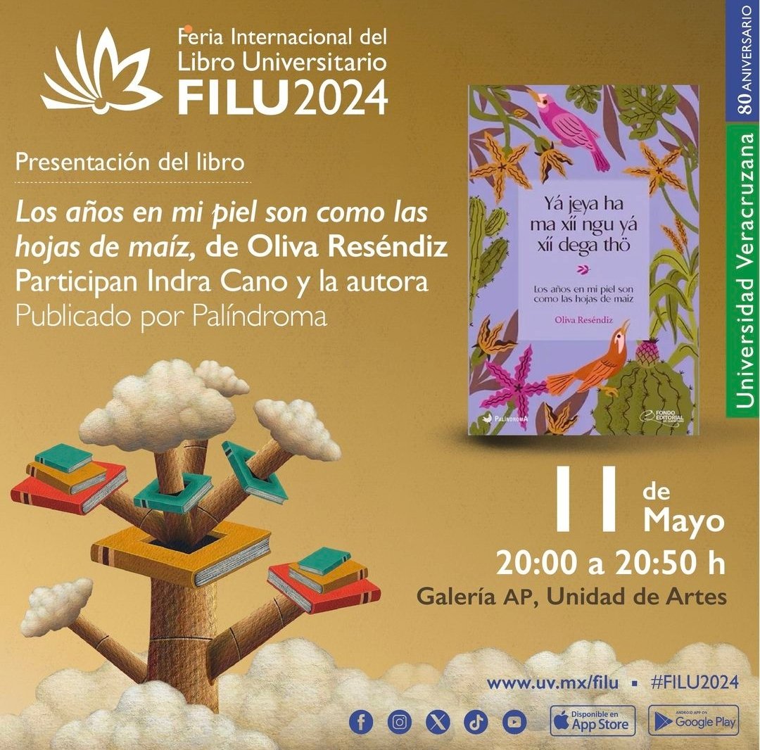 ¡Es hoy!

@IndraKerem conversará con Oliva Reséndiz sobre 'Los años en mi piel son como las hojas de maíz', el primer título de nuestra colección bilingüe 'Sé verla al revés'.

¡Les esperamos a las 8 pm!

#Xalapa #FILU2024