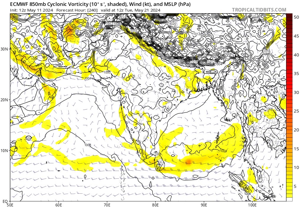 Looks like we are definitely going to see a system spin in central BOB soon. Slowly models are falling into place. The vorticities embedded in the WWB would grab the opportunity to develop into a well defined circulation sooner or later.

#Summer2024 #Premonsoon #Monsoon2024