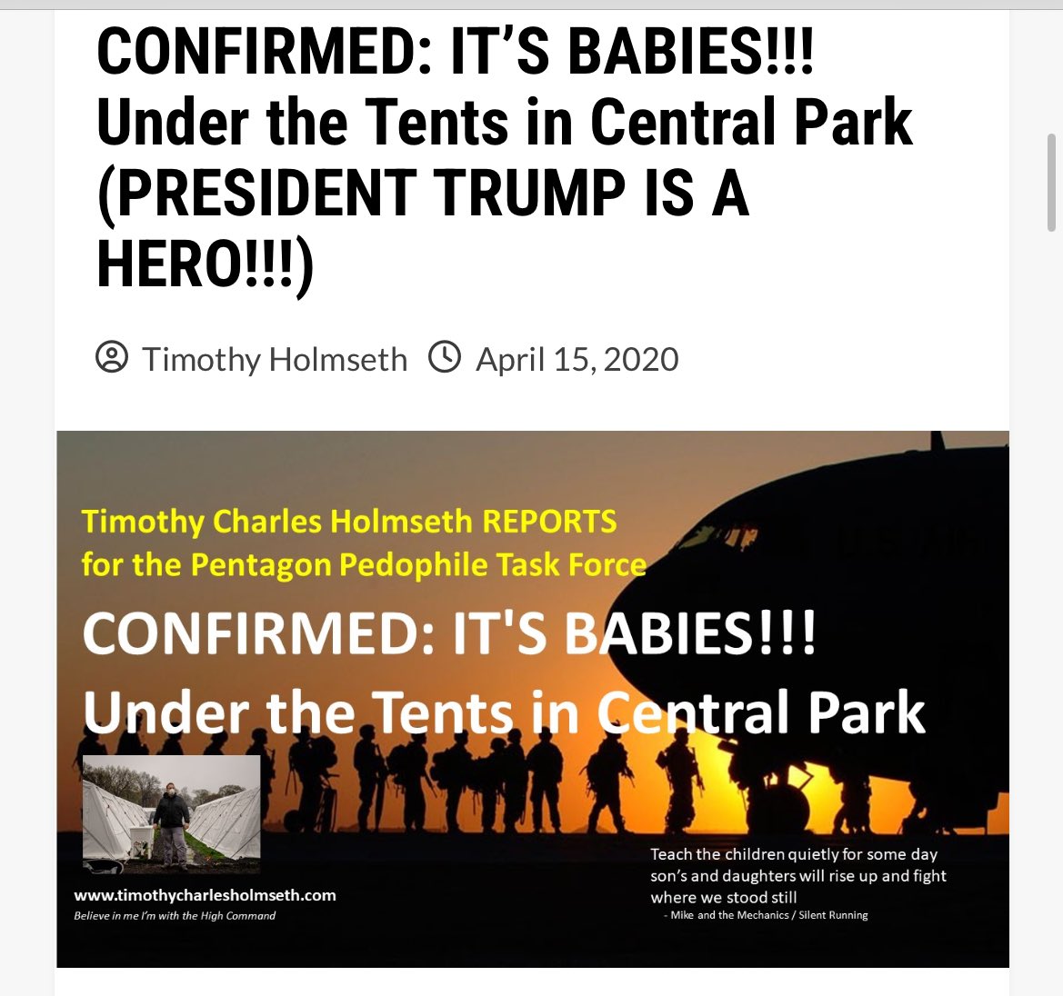 Confirmed 💥 👊🏽 It’s Babies!!! Under the Tents in Central Park President Trump Is A HERO!!! Babies and small children were being treated beneath the tents of the field medical hospital in Central Park, New York. 💥April 15,2020💥 “ The scariest day of my life was about a