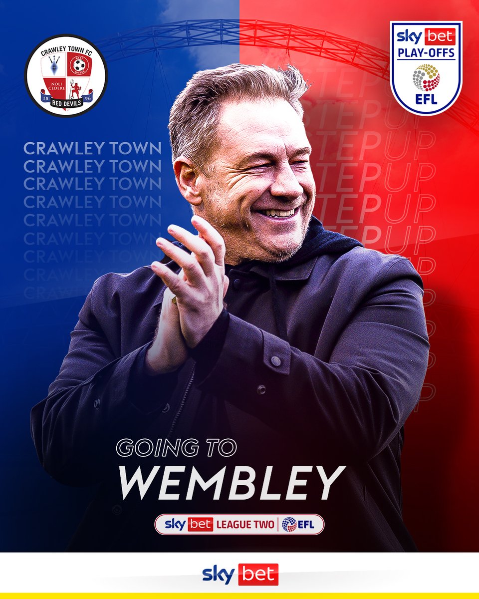 SkyBet's tweet photo. For the first time in club history! 🙌

...with the BIGGEST win in Play-Offs history 🤯

@crawleytown are heading to Wembley and the @SkyBetLeagueTwo Play-Off Final 🔴 #TownTeamTogether https://t.co/uadhvgov2k