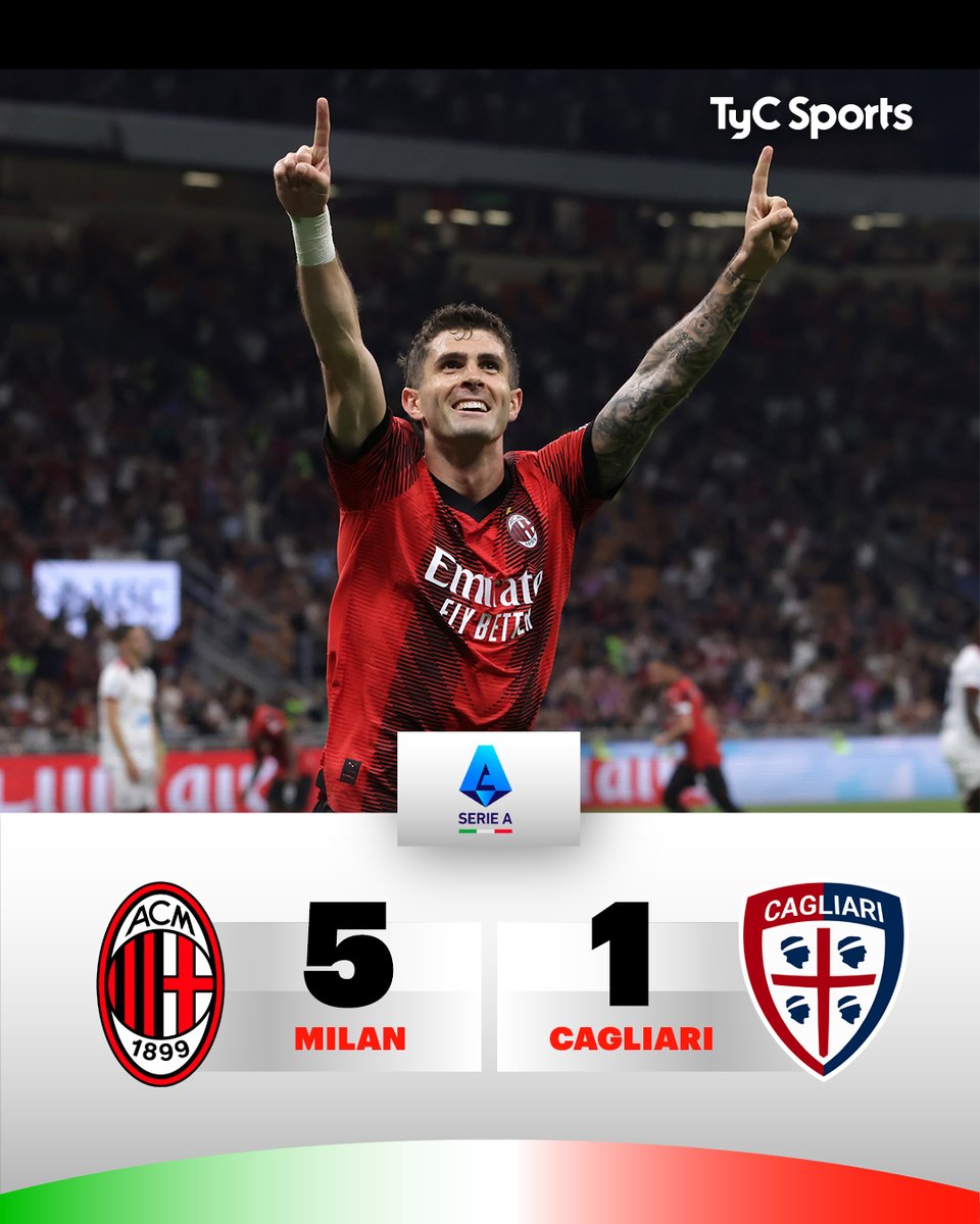 ¡GOLEADA DEL MILAN ANTE EL CAGLIARI! 🔴⚫️✅ #SerieA Los Rojinegros vencieron 5 a 1 a su rival de turno, con un doblete de Pulisic y los restantes a cargo de Bennacer, Reijnders y Leao. Con el Inter ya consagrado campeón y la clasificación a la próxima #Champions asegurada, los…