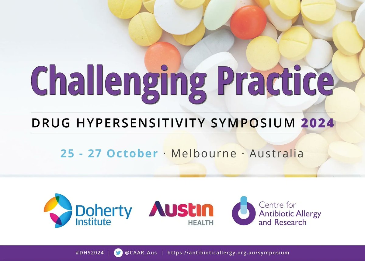 🚨SAVE THE DATE FOR #DHS2024 🚨 Drug Hypersensitivity Symposium - Challenging Practice (27-29 Oct 24) ➡️Rego 30th May 2024 ➡️Program: antibioticallergy.org.au/symposium-%23d… ➡️🌐drug allergy gurus @vumc_cdsi_rsch @JonnyPeter7 @AnaCopaescu @neilthepcist @LouiseSavic @allisoncramsey & regional ⭐️