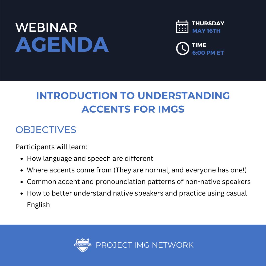 Join us this Thursday at 6 PM ET for an insightful webinar on understanding accents for IMGs! 🌍🗣️ Hear from expert guest speakers, Patricia Maza Hill and Anne Maki, and enhance your communication skills. Don't miss out!

Registration link:
us06web.zoom.us/webinar/regist…