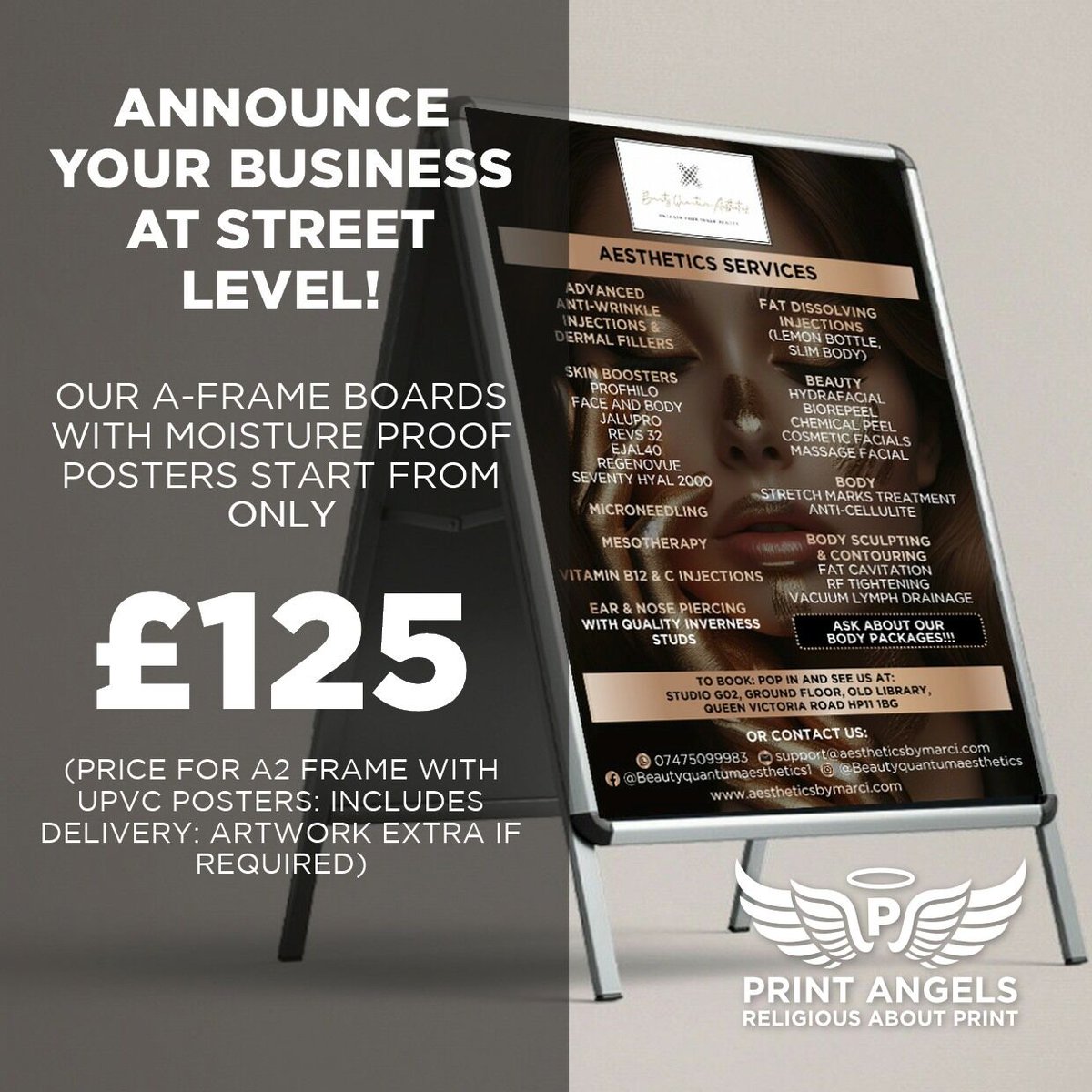 ANNOUNCE YOUR BUSINESS AT STREET LEVEL! OUR A-FRAME BOARDS WITH MOISTURE PROOF POSTERS START FROM ONLY £125 (PRICE FOR A2 FRAME WITH UPVC POSTERS: INCLUDES DELIVERY: ARTWORK EXTRA IF REQUIRED. A1 SIZE £175)  #aframes #display #appointments #beauty #mua #lashes #beauty #aesthetics