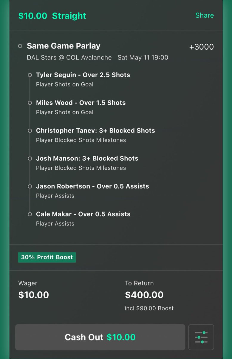 (+3000) DAL @ COL same game parlay lotto with 30% boost…. love the odds for this.

goodluck if you tail 🤞

#NHL #NHLPicks