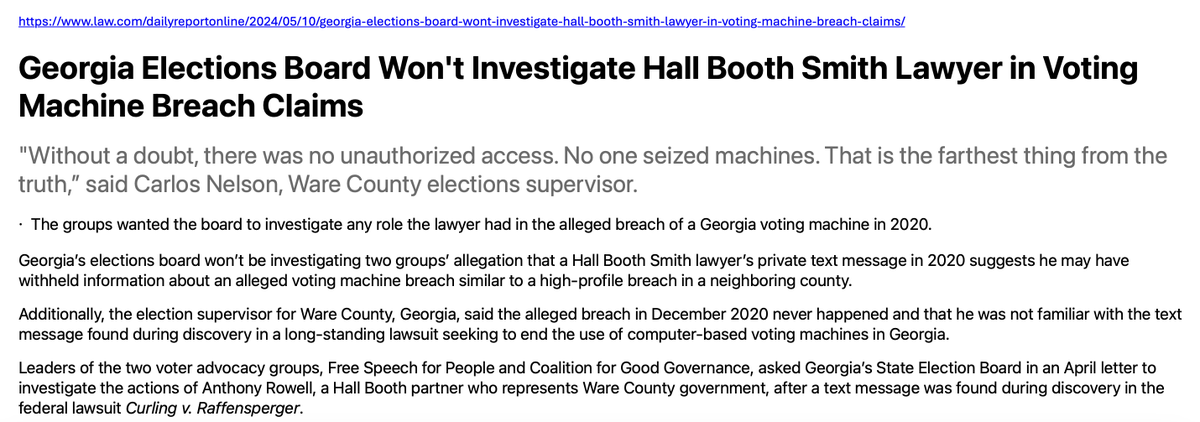 We were stunned to read today in a law blog that the GA St. Elec. Bd. is declining to investigate claims that Trump campaign obtained a voting machine in Ware County, despite the text messages by the county attorney seemingly indicating he had confirmed the info. 1/