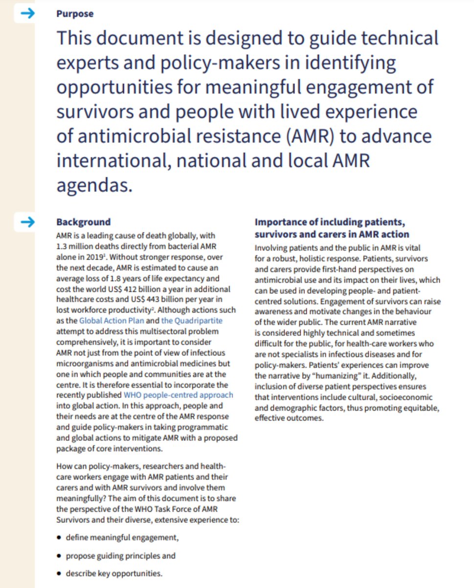 Are you working in #AntimicrobialResistance & want to involve patients, survivors & carers? This document was prepared by 12 members of the @WHO Task Force of #AMR Survivors & designed to guide technical experts & policy-makers in identifying opportunities for meaningful