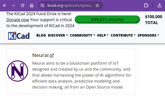 KiCad 🤝 Neurai

We are pleased that <a href="/kicad_pcb/">KiCad PCB</a> has reached their funding goal and that we could participate in achieving this milestone. 

Their software is free, open-source, of excellent quality, and comes with a wealth of online support, whether through text, books, or