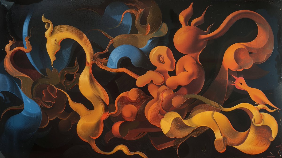 #NOXGalleryLISBON2 La Joie de Tout Être The image depicts organic, animal-like forms in vibrant colors surrounding a child-like figure, illustrating the interconnectedness of all life.