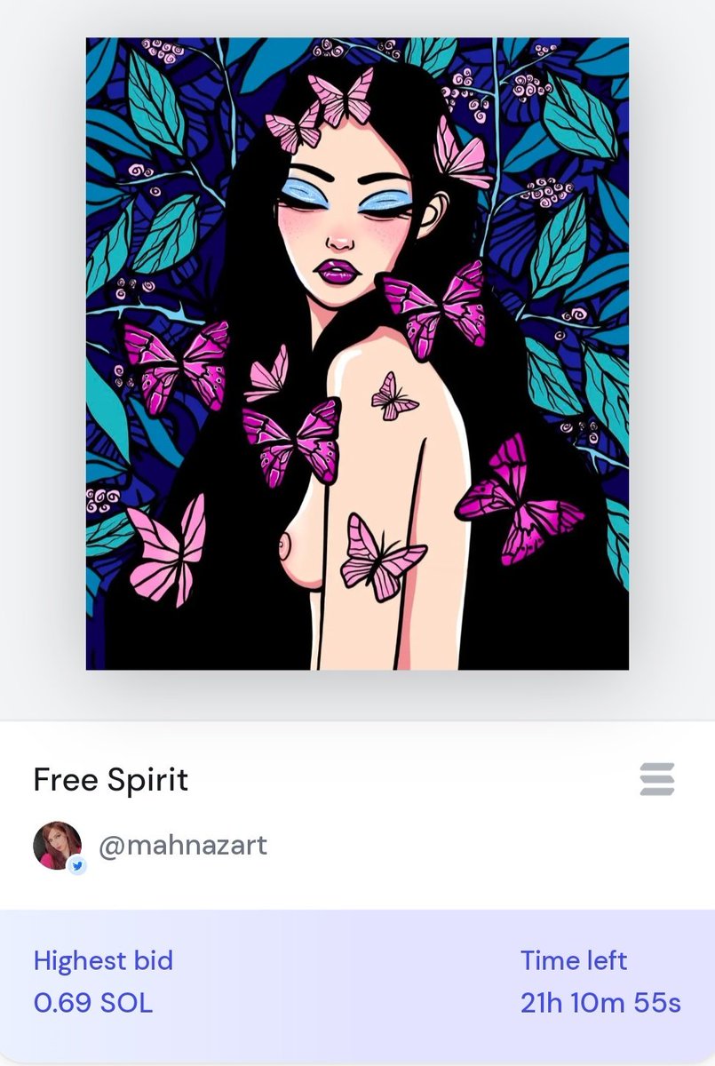 🚨 AUCTION STARTED 🚨 Special thanks to my dear collector @NFTco_X for bidding on 'Free Spirit'! your interest and support means a lot to me!🤍🙏🏻 Current bid: 0.69 $SOL Link ⬇️