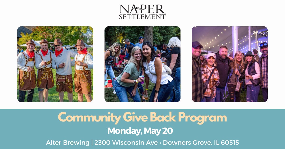 📅 Mark your calendars! We're excited to partner with @AlterBeer for their Community Give Back Program! On Monday, May 20, $1 of every adult beverage sold that day at Alter Brewing in Downers Grove will be donated back to Naper Settlement. Stop by to show your support!