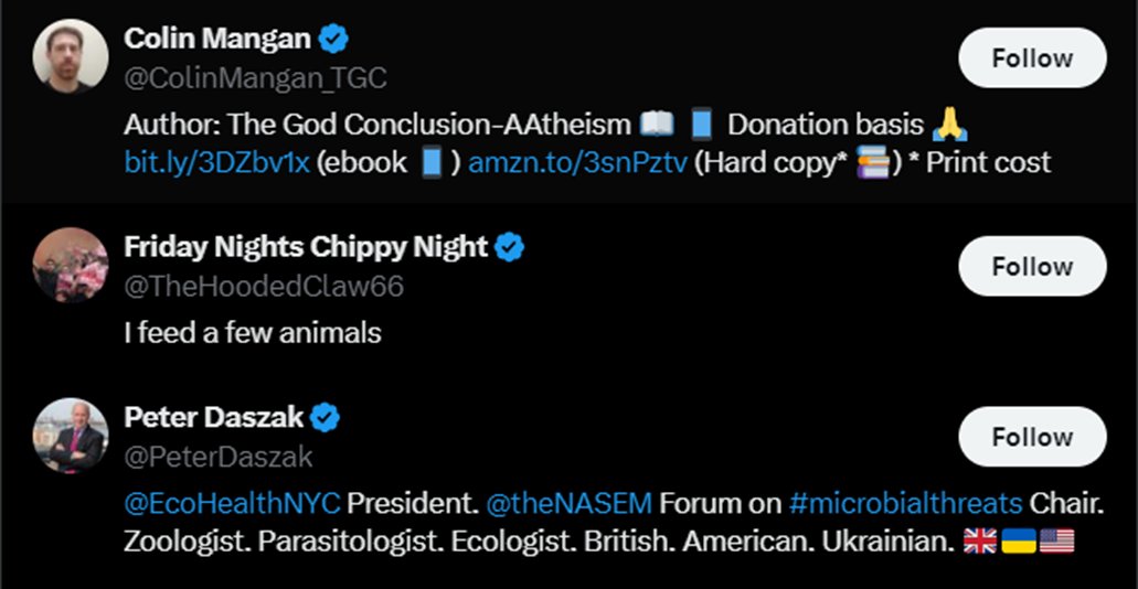 Hmmmm.... 

Seems a little odd that this account would have Rick Bright, Florian Krammer, and Peter Daszak following them.🤔