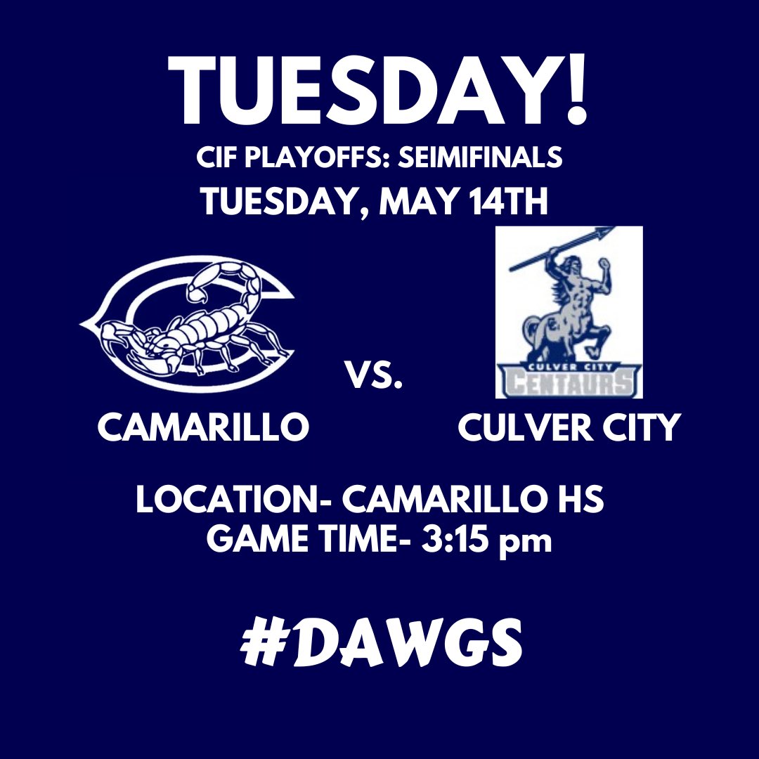 THIS TUESDAY!!

We will be hosting Culver City HS in the semifinals of the CIF Playoffs! Game time will be 3:15! 

Come out and support your Scorps! 

#DAWGS #STING