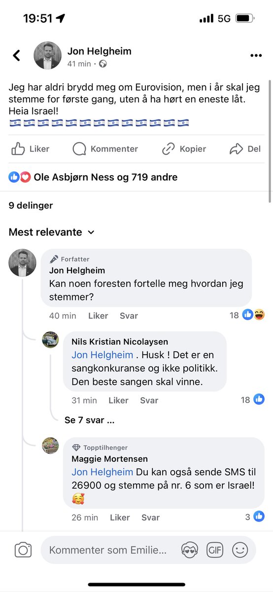 Det er en sangkonkurranse, Jon. Om du velger å se på og stemme, gjør gjerne det, men ikke ødelegg for musikken.