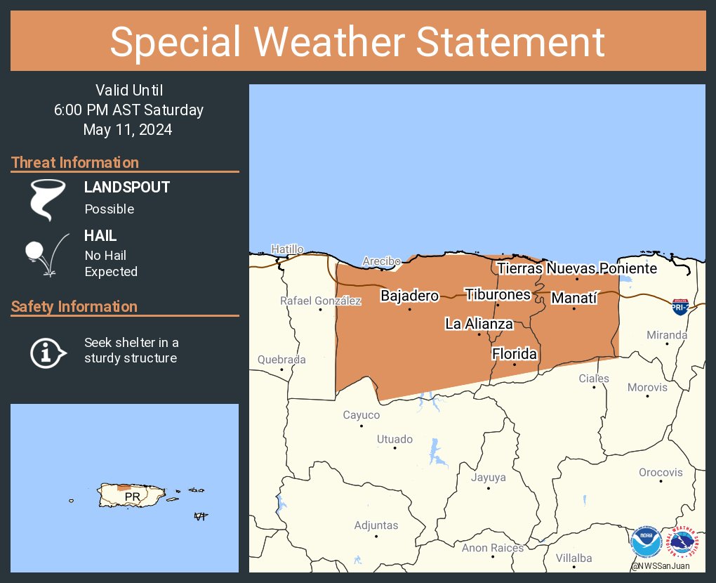 A special weather statement has been issued for Manatí PR, Florida PR and Imbéry PR until 6:00 PM AST