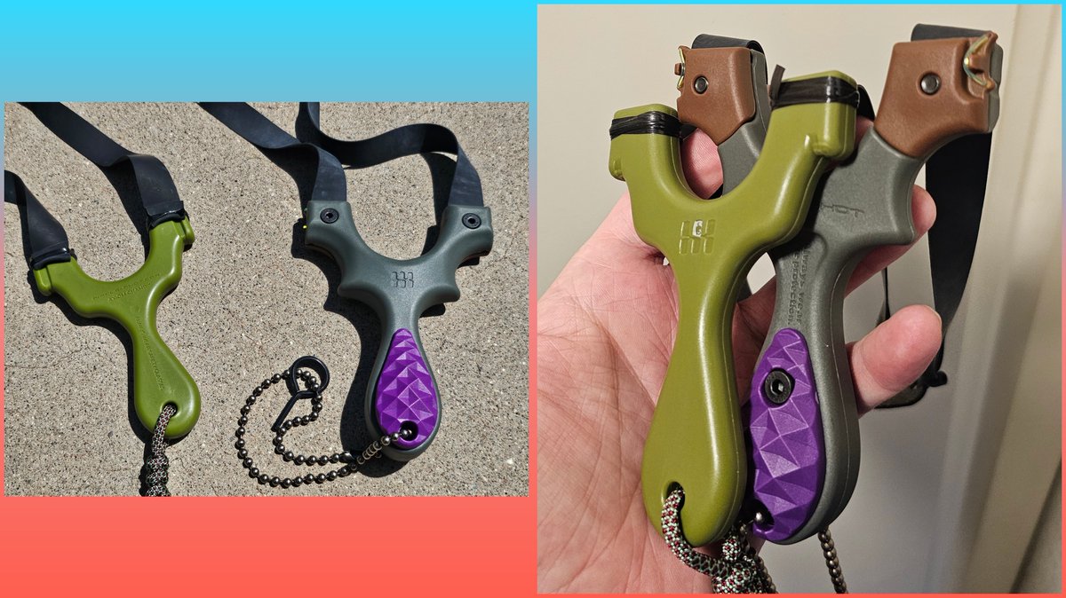 Two new SimpleShot slingshots.
• Champion (left) is one of their smallest, simplest models. 
• Scout LT2 (right) is their newest model. Both very very cool effective. Harder to string up the champion but it fits in a pocket easy.