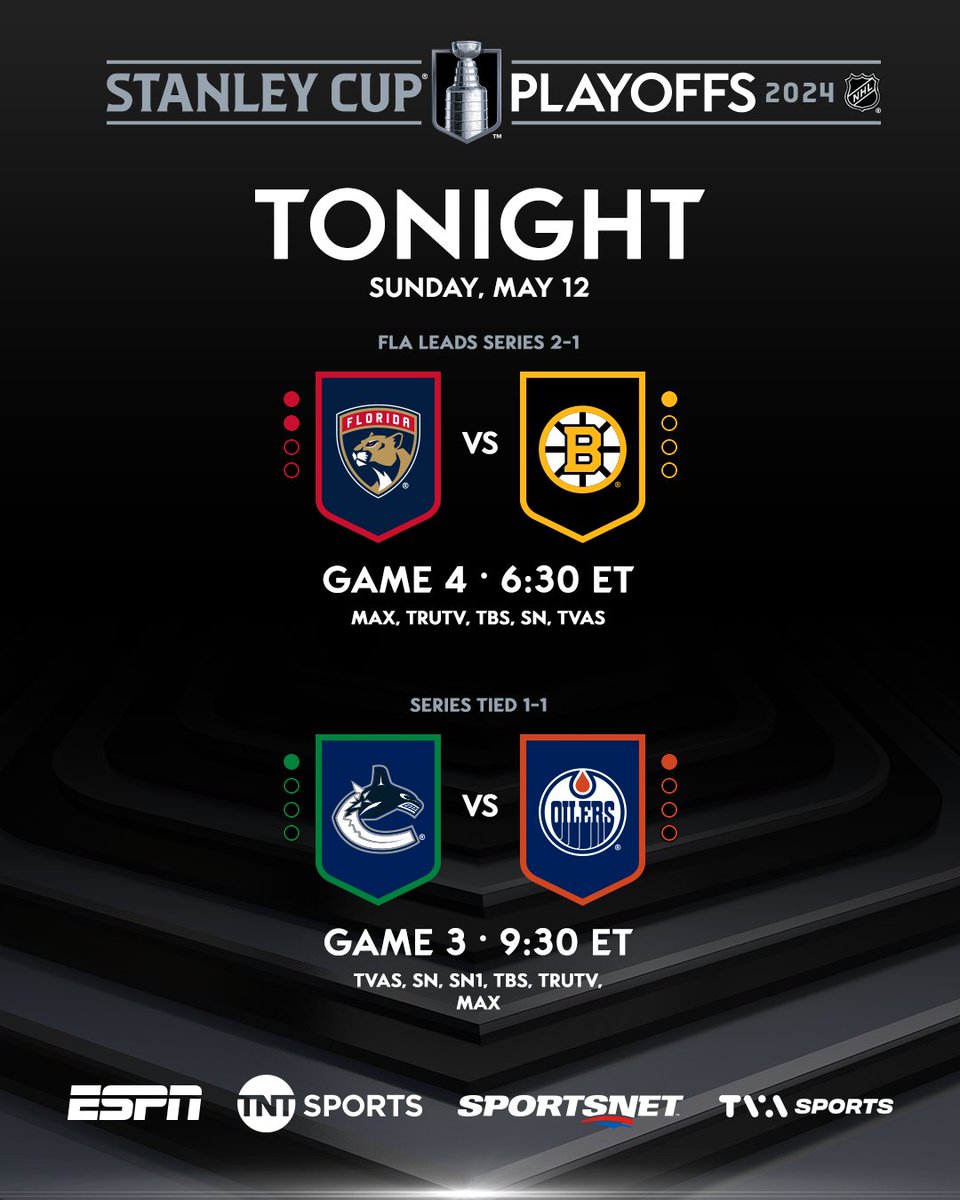 The @NHLBruins look to knot up their series against the @FlaPanthers on home ice while the @Canucks and @EdmontonOilers shift to Rogers Place with a 2-1 series lead on the line. #StanleyCup #NHLStats: media.nhl.com/public/news/18…