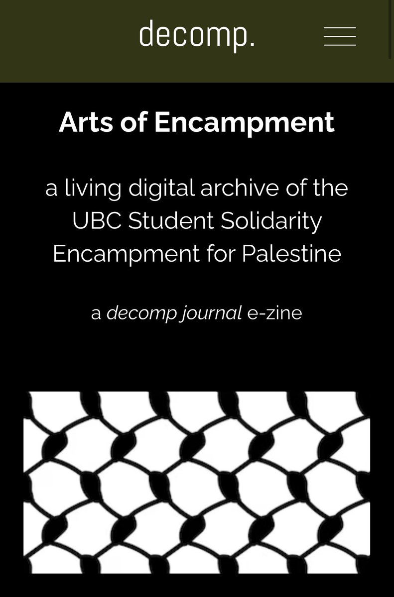 decompjournal's tweet image. Announcing a special e-zine, “Arts of Encampment: a living digital archive of the UBC Student Solidarity Encampment for Palestine.”

Submissions are open now. Please submit and help spread the word.

Free Palestine! 🇵🇸🇵🇸

decompjournal.com/artsofencampme…