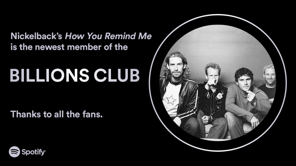.@Nickelback's How You Remind Me 🏆 has officially joined the #BillionsClub spotify.link/billionsclub