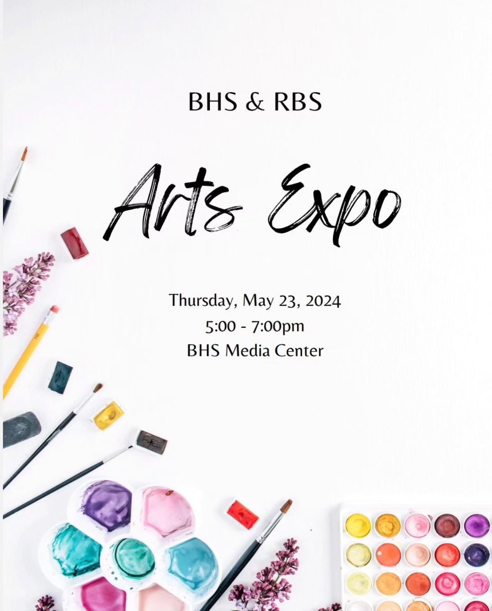 The Butler Arts Expo is 5/23 from 5-7pm in the BHS Media Center. Come check out spectacular pieces from RBS & BHS students! 🎨