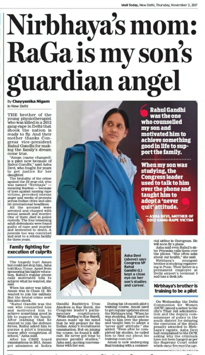 For those asking Who is Rahul Gandhi — Do you remember Nirbhaya? Her mother was helpless & left with nothing after the brutal incident. Later Rahul Gandhi got her son admitted in Raebareli's flying school & sponsored his education. He also mentored him & kept him motivated…