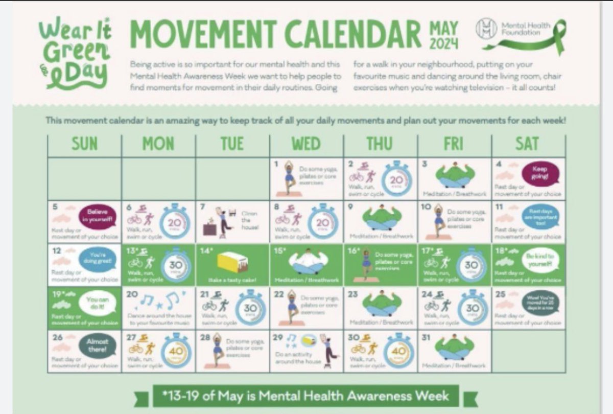 Mental health week runs from 13th May - 19th May. This year, the theme is movement. Check out the movement calendar. Why not schedule time to do some of these to booze your endorphins. #MentalHealthAwarenessWeek #movement