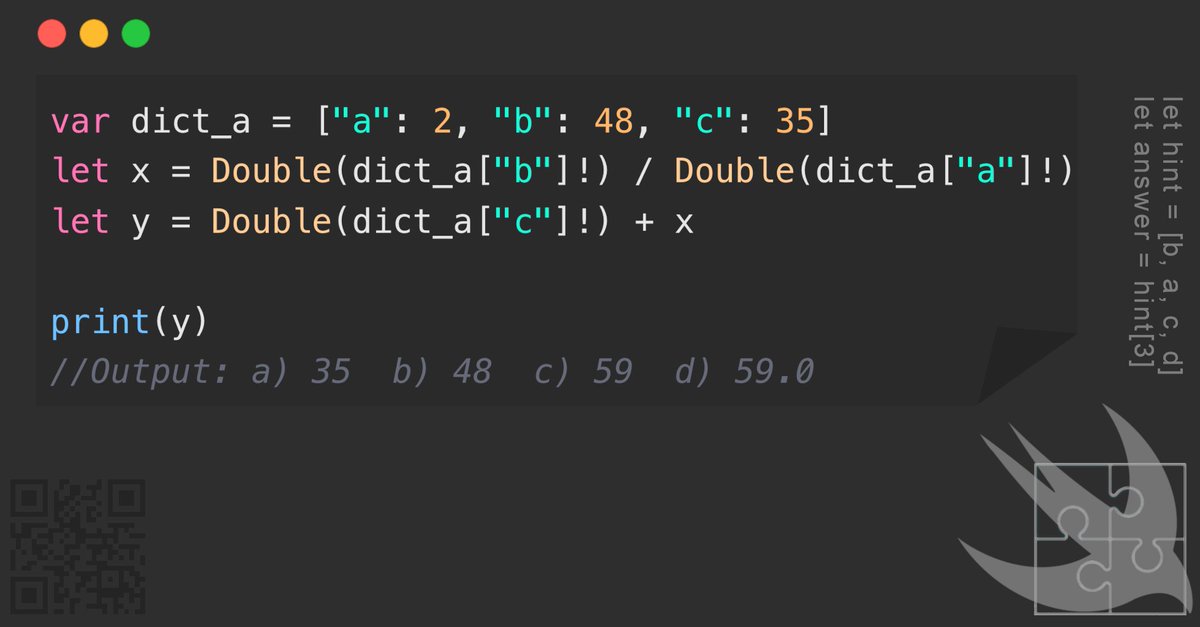 GregCoolShade's tweet image. ★☆☆☆☆ 🚀 Test your coding skills! What do you think is the output of this Swift code involving dictionary operations and arithmetic? 🤔💡 #SwiftCoding #ProgrammingPuzzles