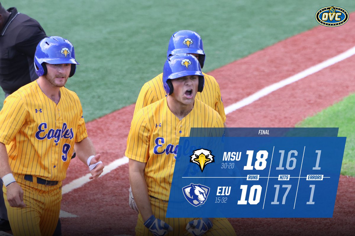 THAT'S A WRAP! @MSUEaglesBsBall wins the series with a high-octane, high-scoring 18-10 Saturday win at Eastern Illinois. Eags go for the 🧹 on Sunday. #SoarHigher
