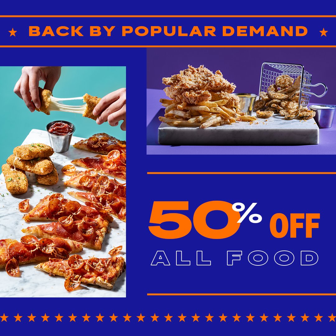 Drum roll please… 50% off all food is coming back for a limited time only, starting this Monday, May 13! Every Monday through Thursday, try all of our new food menu items and your favorite classics for half off.