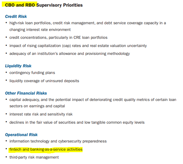 SOUNDS INNOCUOUS, but it's actually #OperationChokePoint2.0 in plain sight. Note the #fintech & #BaaS crackdown only applies to community & regional banks (CBOs/RBOs) but not to large banks--of course, no such 'supervisory priority' applies to large banks. federalreserve.gov/publications/s…