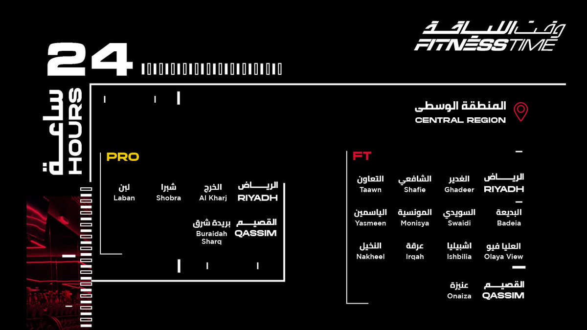 وهذي نوادي #فتنس_تايم اللي تستقبلك على مدار 24 ساعة، تعرّف عليها وشاركنا متى تفضّل تتمرن أي وقت 🏋️‍♂️⏰؟
