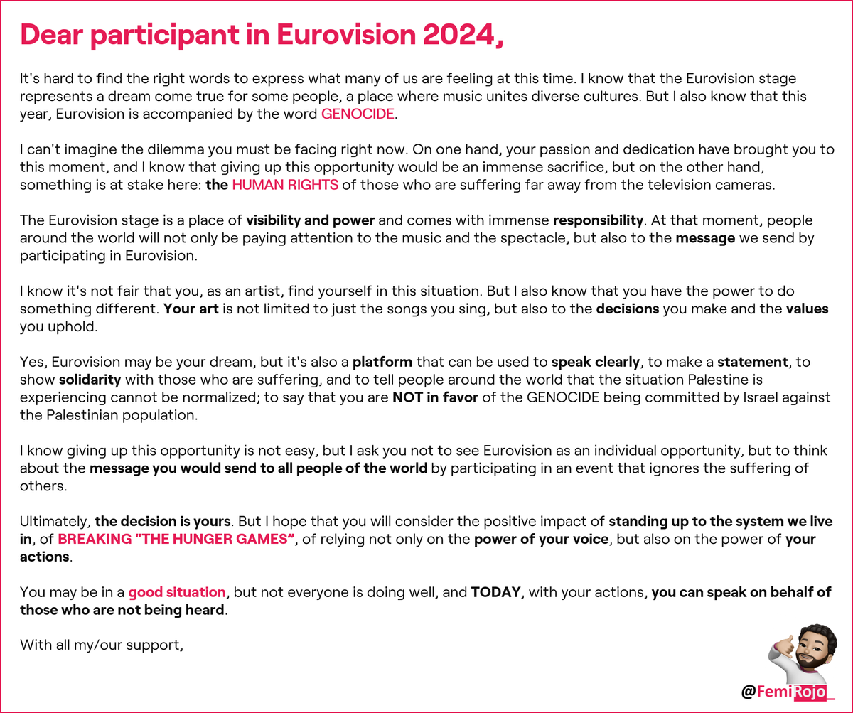 FemiRojo_'s tweet photo. #Eurovision2024

Please, BREAKING "The Hunger Games”.

🇷🇸 #TeyaDora
🇫🇮 #windows95man
🇵🇹 @iolandamusic
🇦🇲#Ladaniva
🇨🇾 #SiliaKapsis
🇨🇭#Nemo
🇸🇮 #Raiven
🇭🇷#BabyLasagna
🇬🇪#Nutsa
🇫🇷#Slimane
🇦🇹 @KaleenMusic https://t.co/D97UrBTsml