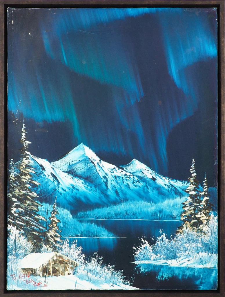 Painting of the northern lights, undated, by Bob Ross (1942-1995). The Air Force brought Ross to Alaska in the 1960s, and his first painting experience was at a USO class in Anchorage. #alaskahistory #alaska