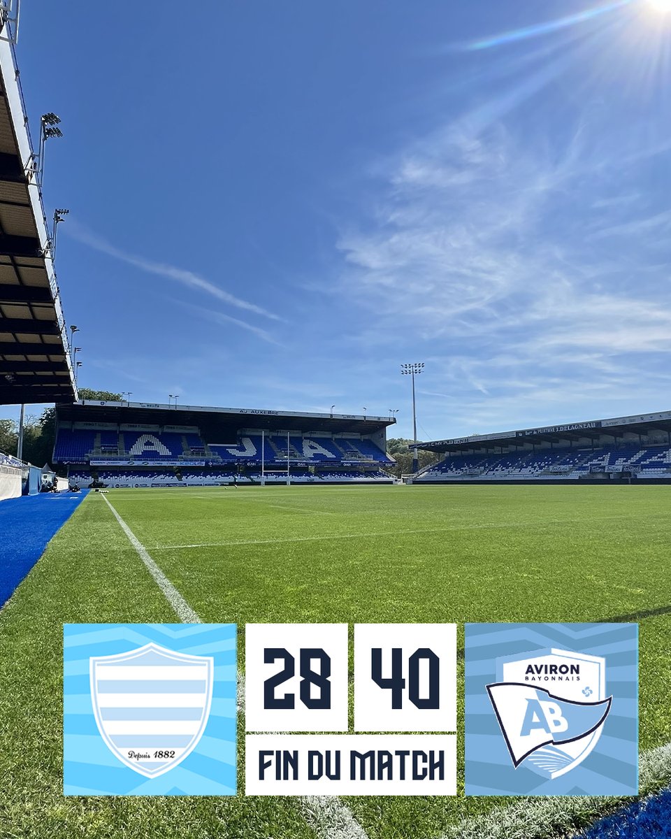 ❌ Défaite des Ciel & Blanc Les Racingmen s'inclinent face à l'Aviron Bayonnais sur le score de 28 à 40. Un grand merci à Auxerre et à son public, à l’@AJA pour son accueil vous avez été géniaux ! #RacingFamily