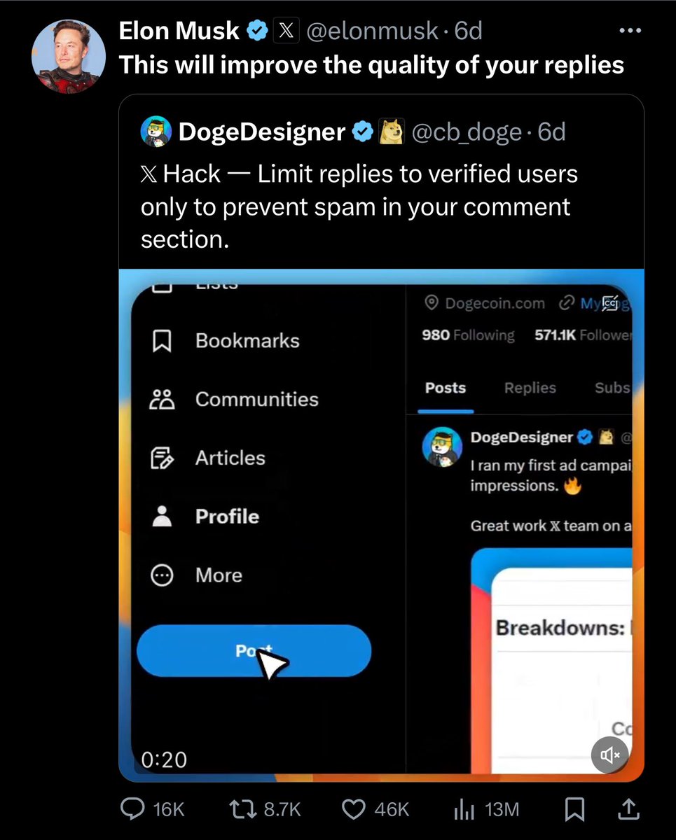 bx_on_x's tweet photo. Got an issue with porn bots? Simply exclude all unpaid users from interacting with you 🤓 

Why hasn’t Musk tried harder to fix the bot problem? And why has the bot problem gotten worse since he took over? 

Musk is using the classic Hegelian Dialectic approach to marketing. Create a problem, provide a (paid) solution. 

The bots are a feature, not a bug.