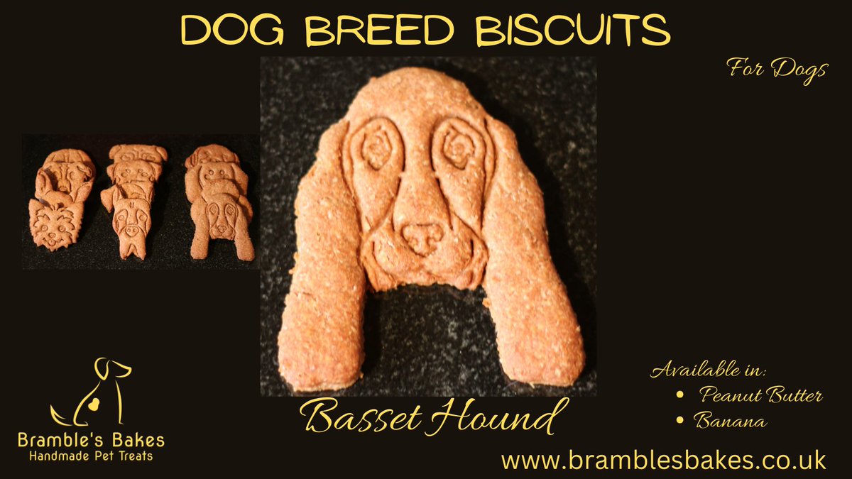 Brambles_Bakes's tweet photo. Delicious dog biscuits for your Basset Hound, available in Peanut Butter or Banana. Sold as a pair in a packet or as a tin of 6. Visit https://t.co/Pwox8i7Dyg to order yours!
Lots of other breeds available. If you don’t see what you want, get in touch and we'll see what we can do https://t.co/rTrfAjFSQJ