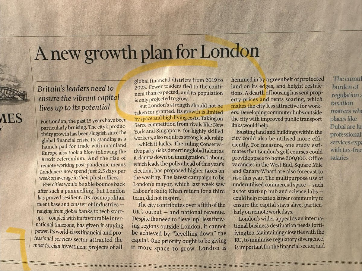 Love this leader in the FT. No post-Brexit exodus, it seems. In fact, London’s “world-class financial and professional services sector attracted the most foreign investment of all global finance districts from 2019 to 2023. Fewer traders fled to the continent than expected”.